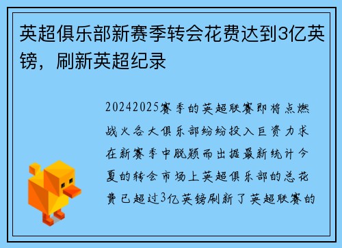 英超俱乐部新赛季转会花费达到3亿英镑，刷新英超纪录